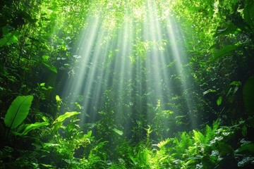 Sunlight filters through a dense canopy of green leaves, creating a lush, vibrant, natural scene