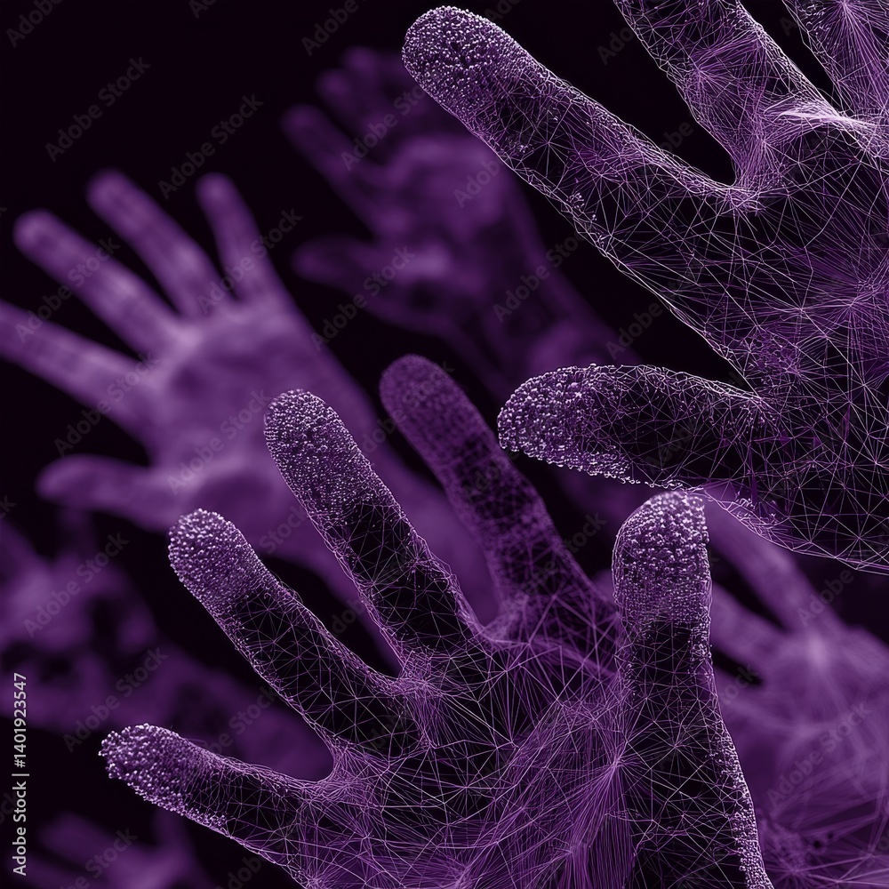 Leinwandbilder violet virtual reality: abstract hands in a digital mesh, exploring artificial intelligence and huma