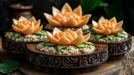 Floral fruit carvings on wooden platter
