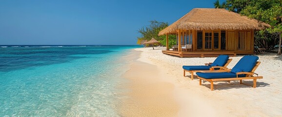 Tropical beach resort features a thatched-roof bungalow, azure sea, and two beach chairs