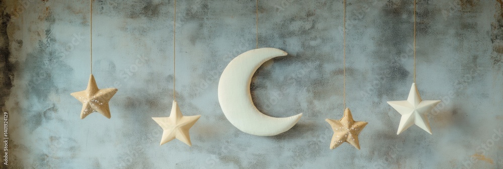 Poster hanging moon and stars mobile casting soft shadows on wall creates a serene atmosphere in a cozy roo