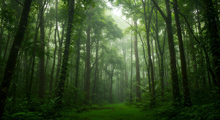 Fototapeta premium Sunlight Through Canopy in Dense Tropical Rainforest with Mist and Vines