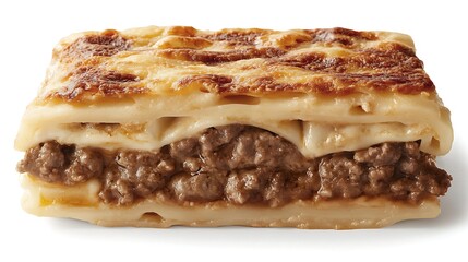 beef lasagna with multiple layers of pasta, beef filling, and cheese isolated on white background perfect for food styling, restaurant menus, and pasta dish photography