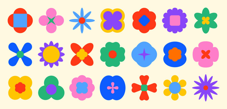 Brutalism flowers shapes, minimalist geometric spring elements, abstract bauhaus forms. Simple flower shape set, trendy modern graphic element. Flat style vector illustration.