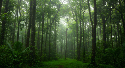 Sunlight Through Canopy in Dense Tropical Rainforest with Mist and Vines