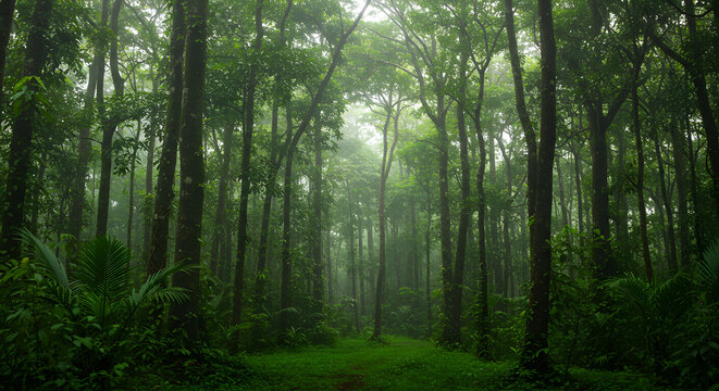 Sunlight Through Canopy in Dense Tropical Rainforest with Mist and Vines