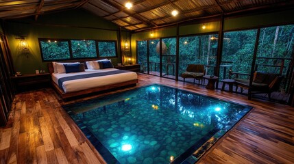Luxurious rainforest bedroom with a sunken pool