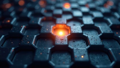 Obraz premium Hexagonal metal grid with subtle glowing light at center, metal, glow