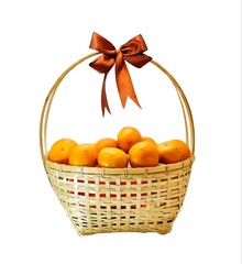 Festive Basket of Oranges, Food Display, Indoor Setting, Product Photography, Bright Environment, Close-Up View, Freshness Concept