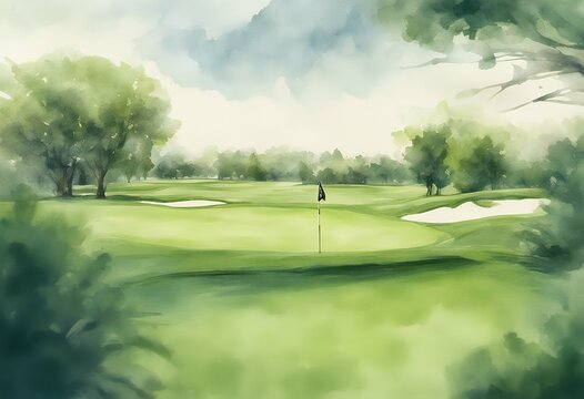 hand beautiful watercolor background field illustration rich green view golf turf drawn course country recreation sport relax leisure game golfing ball lawn golfer man drive activity play club hobby