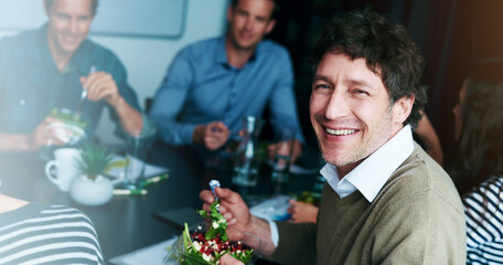 Portrait, business people and man with food, salad and eating with nutrition, lunch and wellness....
