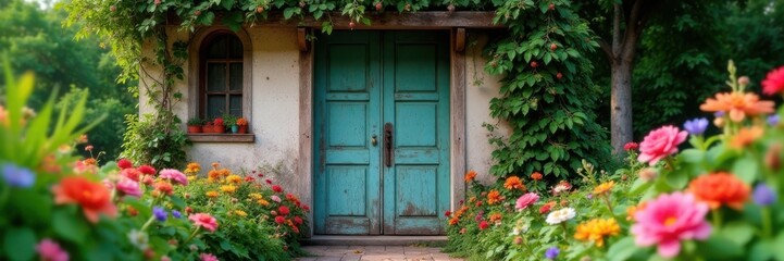 Obraz premium Old wooden door adorned with vibrant artificial flowers and vines in a rustic garden scene, vine, artificial flowers
