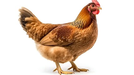 Fototapeta premium full-body shot of a brown hen standing with feathers visible on white background perfect for agricultural, chicken farming, and animal-related promotions