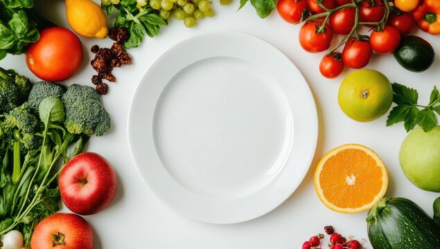 Empty plate surrounded by fresh fruits and vegetables