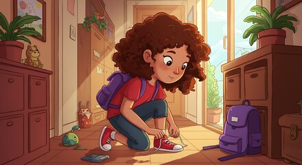 Cartoon of a girl tying her shoelaces before going outside, wearing a backpack, hallway scene, responsible and cheerful vibe