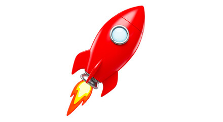 A bright red cartoon rocket ship launching with flames on a black isolated background image view