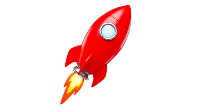A bright red cartoon rocket ship launching with flames on a black isolated background image view