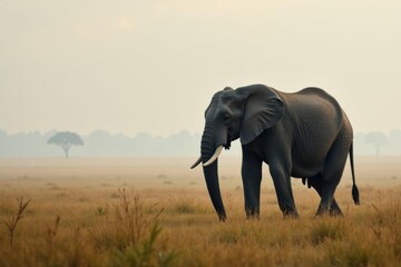 Obraz premium Grey elephant standing alone in misty savannah , savannah, vast space