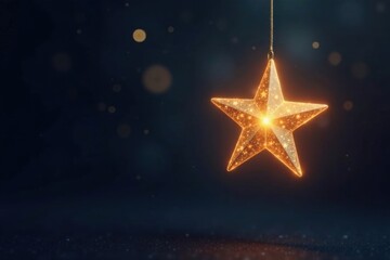 Fototapeta premium A single gold star light hangs suspended in space against a dark background with soft illumination effects , glow, lighting, ambiance