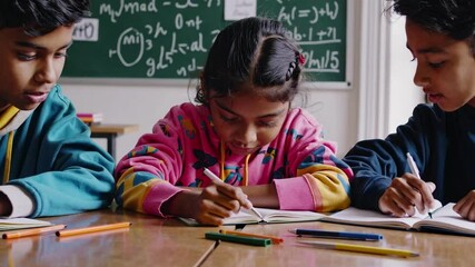 A video still of three children writing in notebooks at a classroom table. Shot from a side angle, capturing a focused and educational atmosphere.