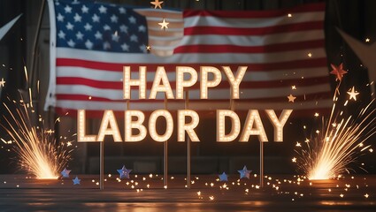 Illuminated "Happy Labor Day" Sign with Sparklers.