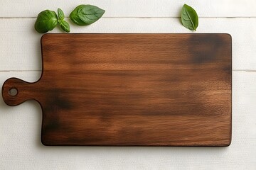 Dark Wood Cutting Board with Basil Leaves Flatlay