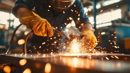 Skilled worker welding metal in a workshop during daylight, producing bright sparks and showcasing craftsmanship
