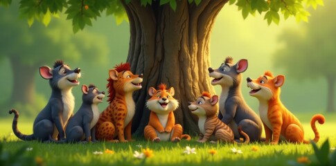 A group of animals gathered around a tree, laughing and playing , colorful, wildlife