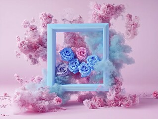 Abstract composition of pink clouds and roses surrounding a white square frame, floating on a calm blue background, creating a dreamy and romantic atmosphere with a soft artistic touch.