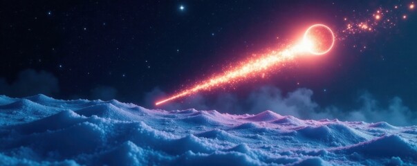 Obraz premium Icy comet with snow-covered surface and glowing tail in dark space , glow, space, ice