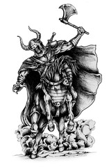 Knight and Steed: A fierce warrior knight in ornate armor rides a powerful steed, brandishing a battle axe in a meticulously detailed drawing, ready for conquest and glory.