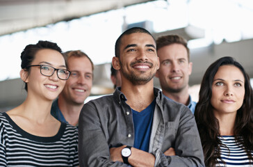Confidence, creative and group with smile, business and happiness for men, women and collaboration....