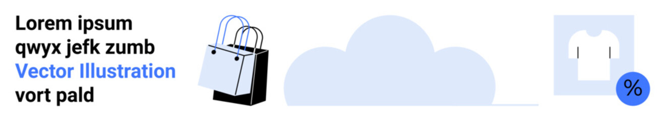 Shopping bags, cloud graphic, discount tag on shirt icon. Ideal for online shopping, e-commerce, sales banner, retail marketing, discounts cloud data minimal design. Flat landing page banner