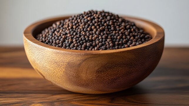 a wooden bowl filled with black cumin seeds sits on a wooden surface against a plain white background the seeds are small black and abundant showcasing their texture and color