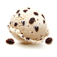 realistic scoop of creamy rum raisin ice cream placed on clean white background perfect for dessert ads and indulgent treat visuals