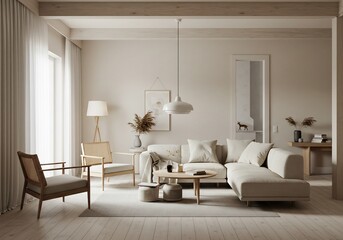 穏やかな光が差し込む、ベージュトーンの心地良いリビング空間