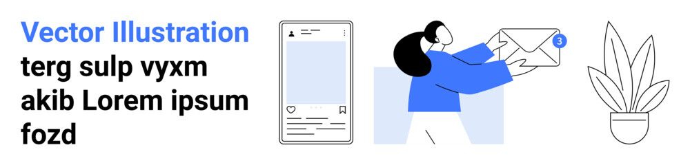 Woman interacting with an envelope icon, smartphone next to notification alert, modern indoor plant. Ideal for messaging, communication, digital workflow, email marketing, work organization