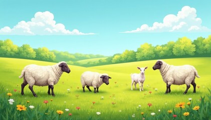 Fototapeta premium Colorful vector illustration of sheep and goats grazing in a field, grasslands, countryside