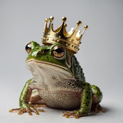 A frog prince wearing a small golden crown, white background



