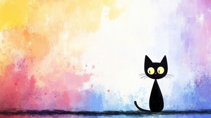 A whimsical black cat against a vibrant, colorful background, perfect for children's book illustrations, pet-related content, or playful designs, This image adds charm and creativity to any project,