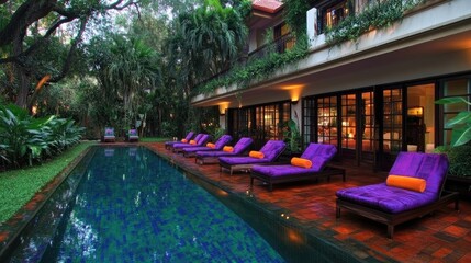 Luxurious poolside patio with lounge chairs and vibrant purple accents. Lush tropical landscaping surrounds the property