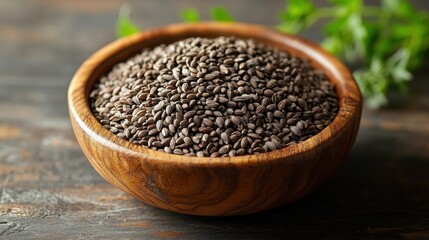 a wooden bowl filled with milk thistle seeds sits on a wooden surface against a plain white background the seeds are small elongated and brown with distinct white markings used for health benefits