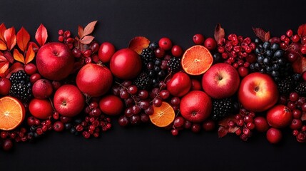 Various autumnal fruits and berries arranged beautifully over a black background creating a lovely still life