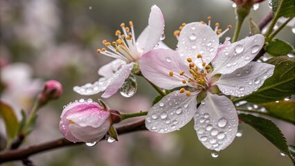 Obraz premium Mesmerizing Portrayal Raindrop,The artwork depicts raindrops embracing delicate blossom petals, showcasing the intricate tapestry woven