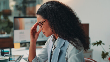 Business, woman and glasses with eye strain in office for publication deadline, article pressure or headache. Media agency, journalist or migraine for difficult story, brain fog or wrong prescription
