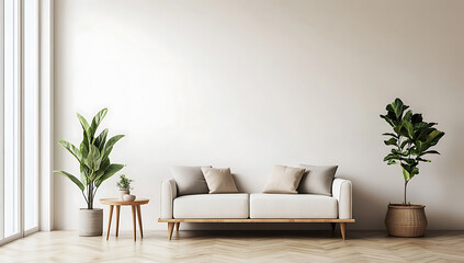 Minimalist Living Room with Cozy White Sofa and Indoor Plants
