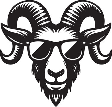 goat wearing sunglasses illustration, goat head and sunglass silhouette vector isolated on white background