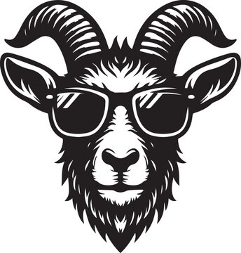 goat wearing sunglasses illustration, goat head and sunglass silhouette vector isolated on white background