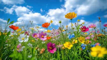 Obraz premium Vibrant wildflowers bloom under a vast blue sky