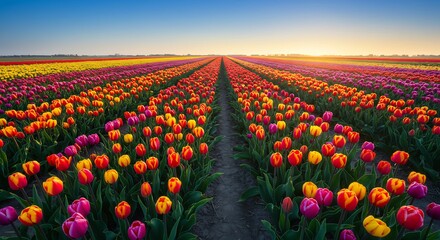 夕焼け染まる鮮やかチューリップ畑 美しい色彩と構図